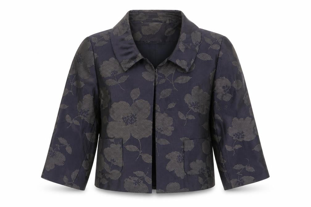 Front view of Fenn Wright Manson Women Blue Floral Jacquard Short Blazer, size 14
