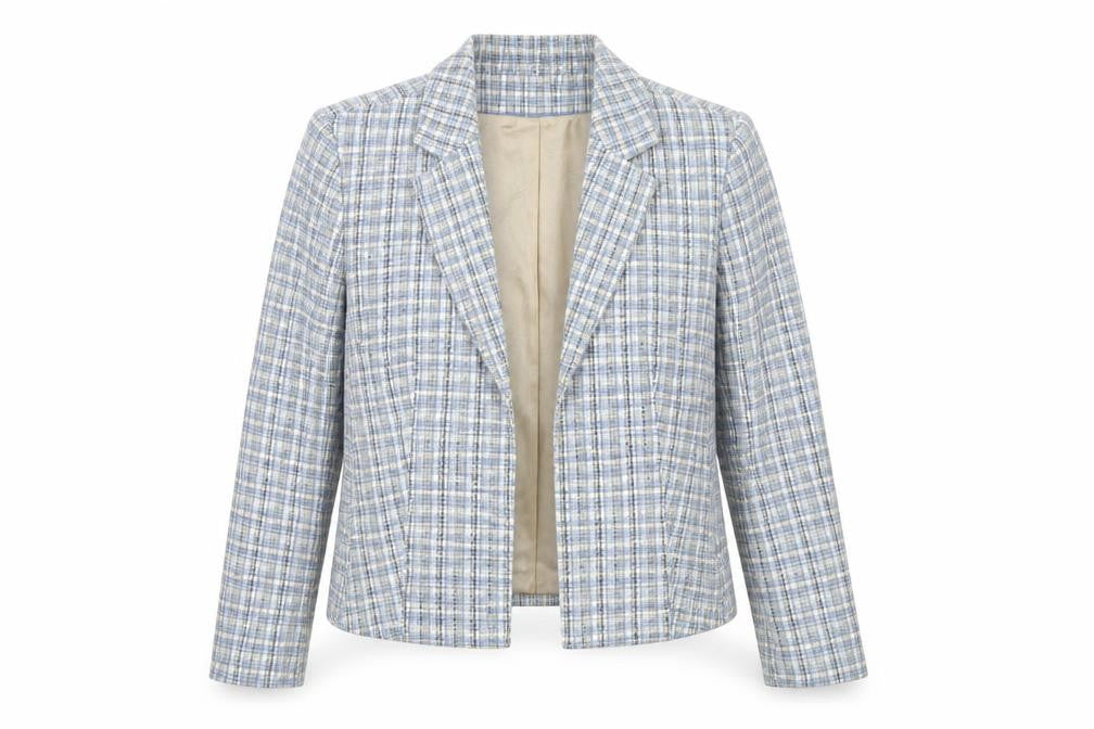 Front view of Next women’s blue check bouclé suit jacket, size UK 14, regular fit