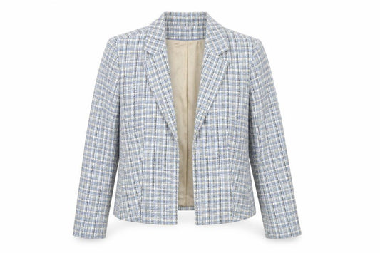 Front view of Next women’s blue check bouclé suit jacket, size UK 14, regular fit