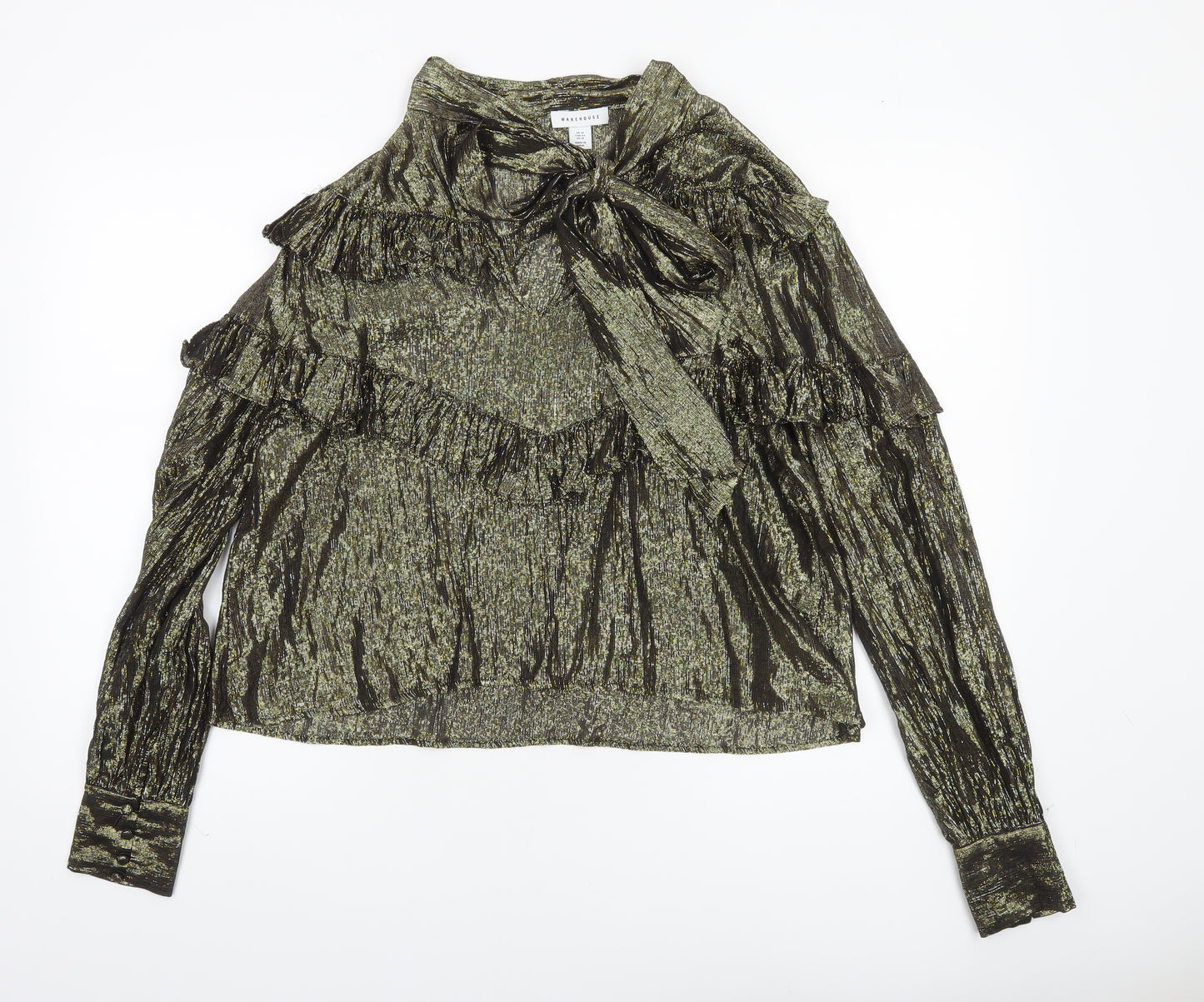 Warehouse Womens Gold Metallic Ruffle Wrap Blouse Size 14
