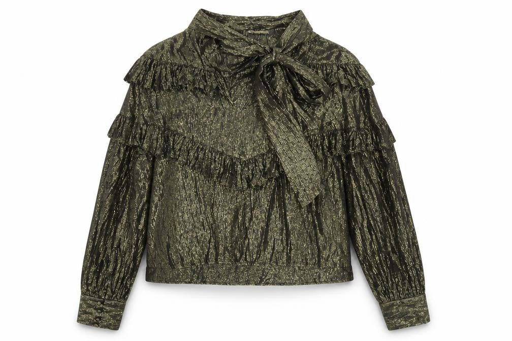 Front view of Warehouse women’s gold metallic ruffle wrap blouse, size UK 14
