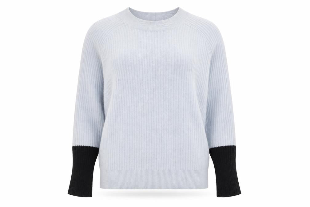 Front view of Duffy women’s grey 100% cashmere ribbed crew neck jumper, size S