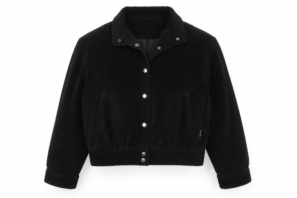 Front view of Dedicated women’s black corduroy bomber jacket, size S