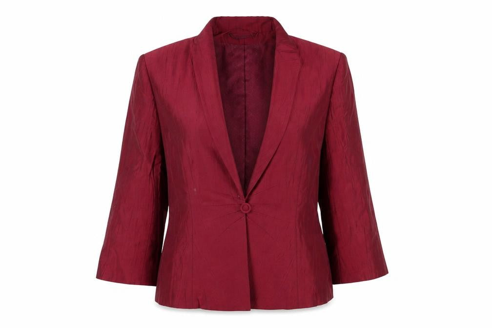 Front view of Country Casuals Women Burgundy Linen Blend Single-Breasted Blazer, size 14