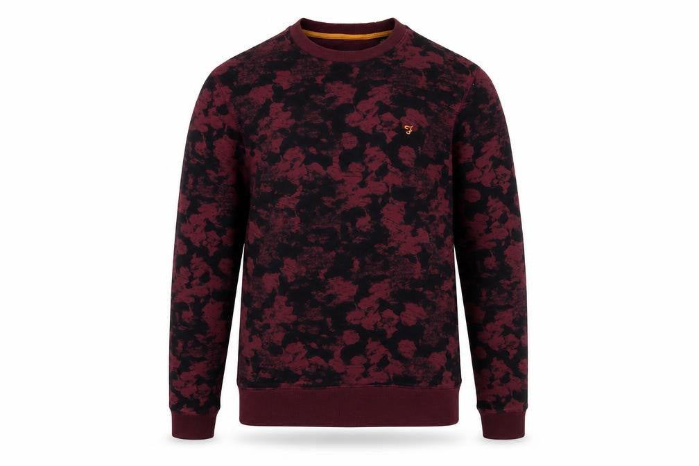 Front view of Farah Men's Red Graphic Print Cotton Crew Neck Sweatshirt, size S