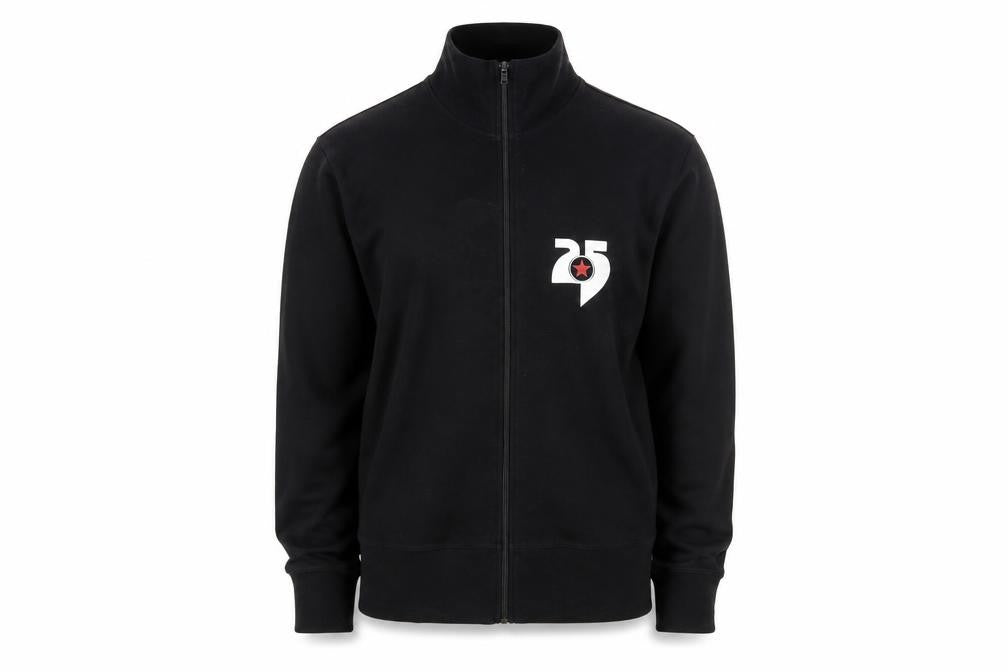 Front view of Moto Men's Black Full Zip Sweatshirt, size M, College Logo