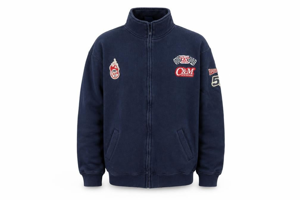 Front view of Defined Retro Men Blue Full Zip Racing Sweatshirt L