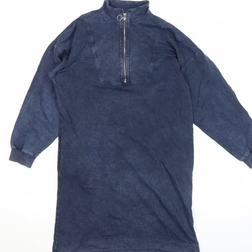 Oliver Bonas Women’s Blue Cotton Zip Front Long Sleeve Shirt Dress Size 10