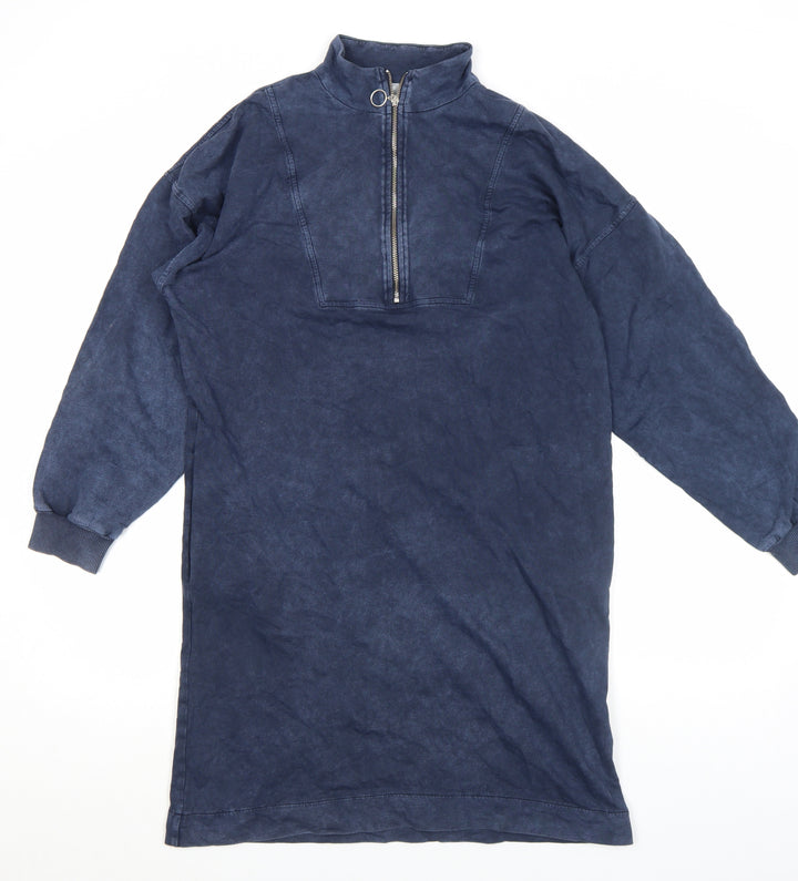 Oliver Bonas Women’s Blue Cotton Zip Front Long Sleeve Shirt Dress Size 10