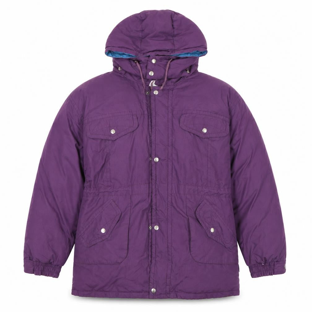 Front view of Swan women’s purple hooded puffer jacket l down feel winter coat