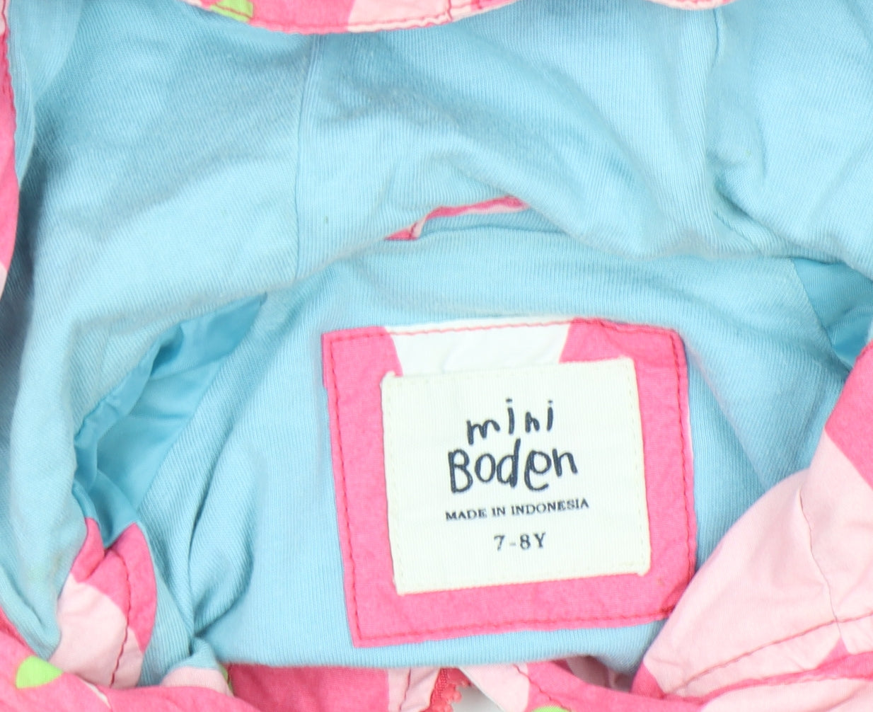Mini Boden Girls Pink Pear Print Hooded Rain Coat 7-8 Years Cotton