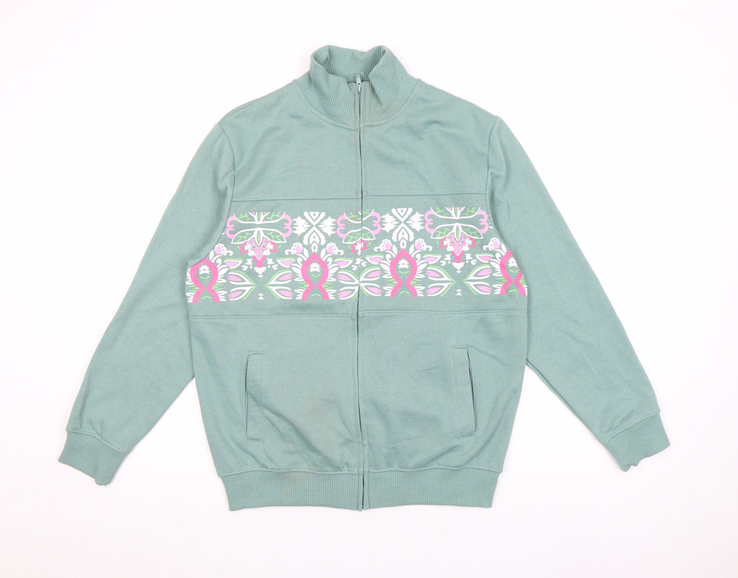 Amber Womens Green Size 10 Full Zip Sweatshirt with Floral Print