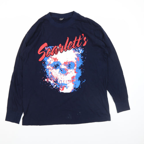 New Era Men's Blue Long Sleeve Skull Graphic Cotton Top L