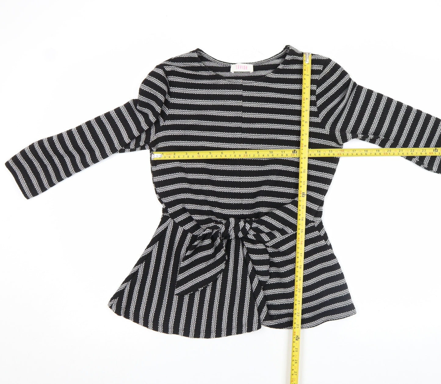 Savida Women’s Black Striped Bow Tunic Blouse XS Long Sleeve