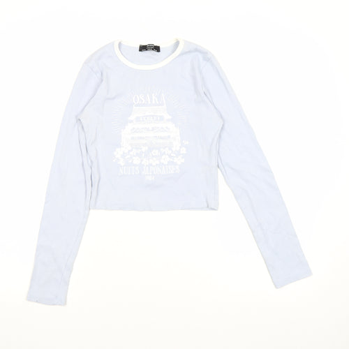 Bershka Womens Blue Cropped Long Sleeve Printed Cotton T-Shirt Size M