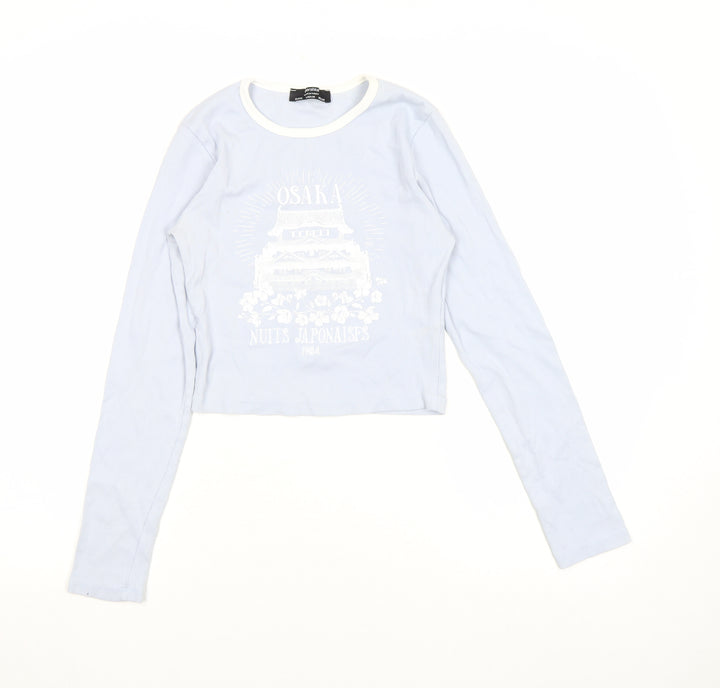 Bershka Womens Blue Cropped Long Sleeve Printed Cotton T-Shirt Size M