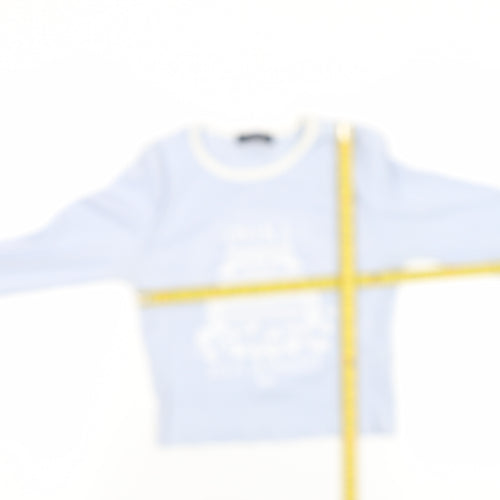 Bershka Womens Blue Cropped Long Sleeve Printed Cotton T-Shirt Size M