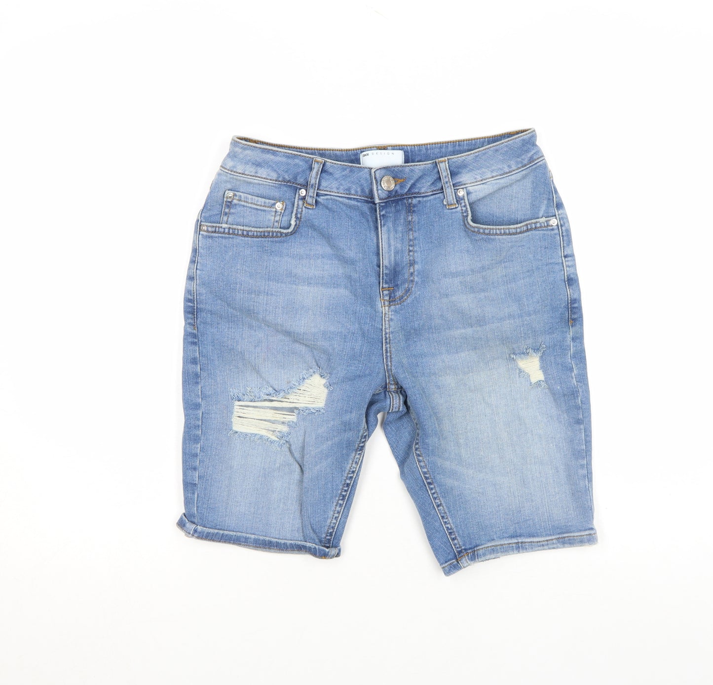 ASOS DESIGN Men’s Blue Light Wash Distressed Denim Bermuda Shorts L