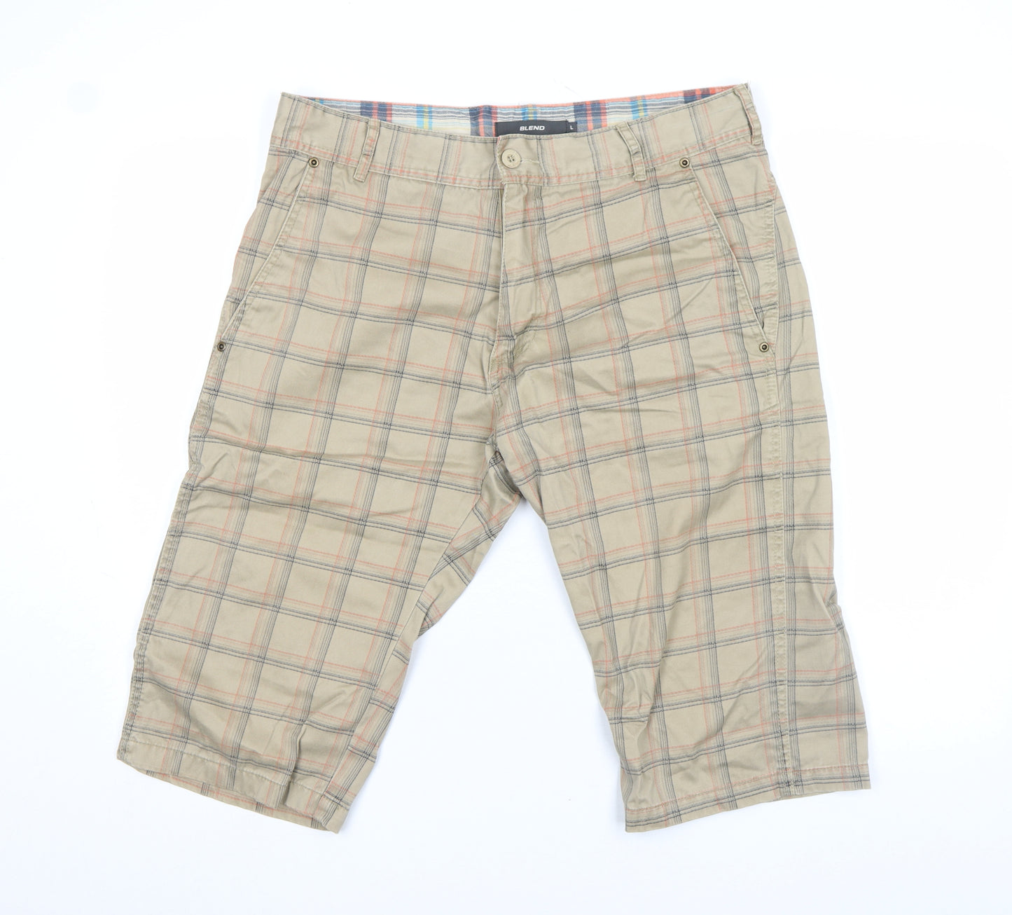 Blend Men Beige Checked Cargo Shorts L Cotton Casual