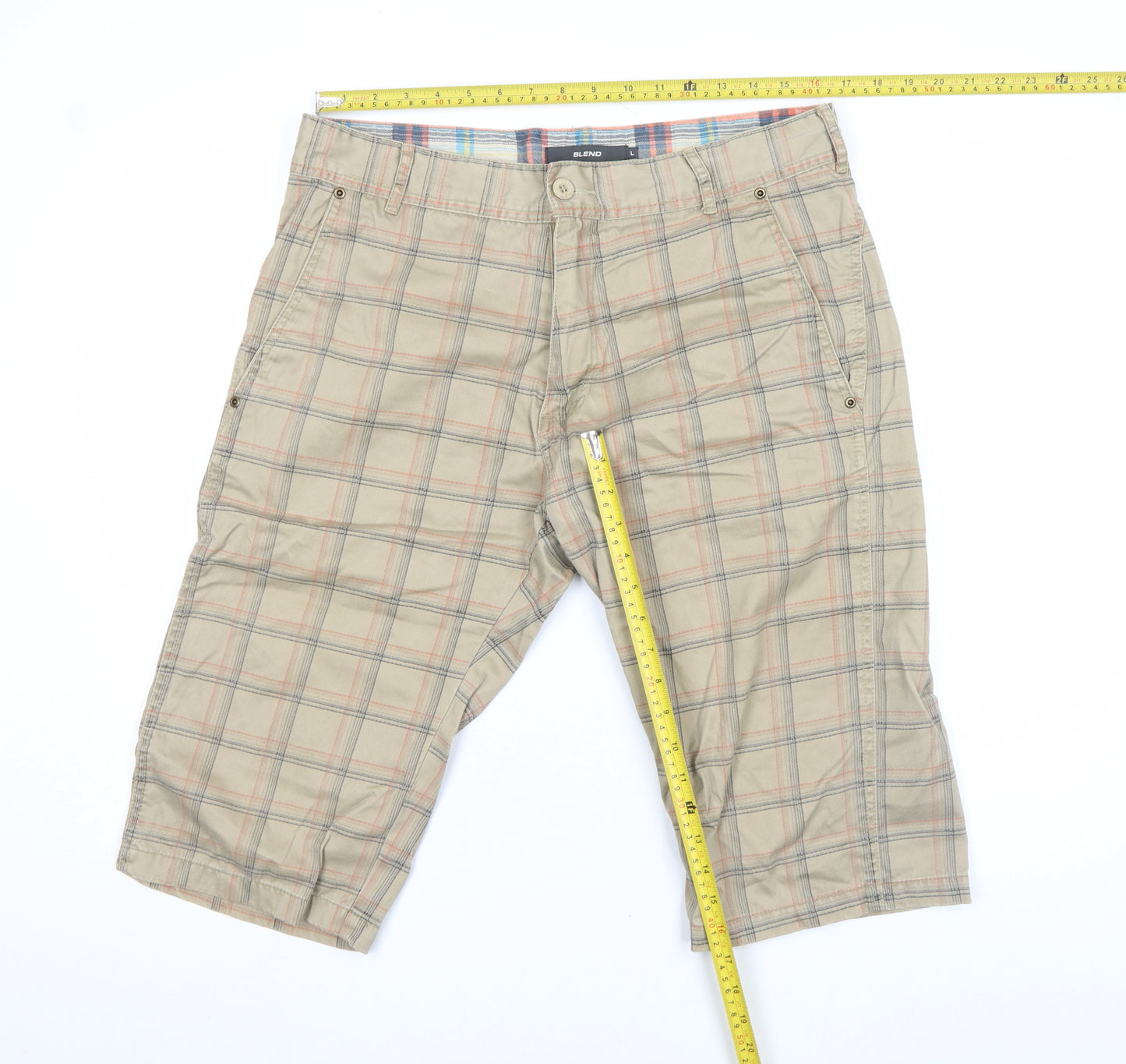 Blend Men Beige Checked Cargo Shorts L Cotton Casual
