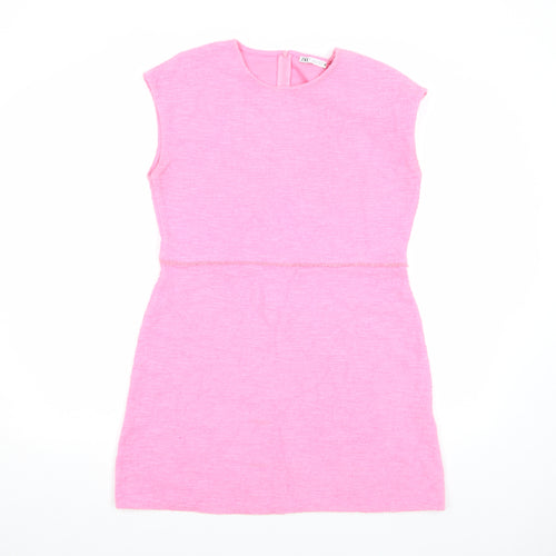 Zara Women Pink Sleeveless Shift Dress Size L Short Knit Zip Back