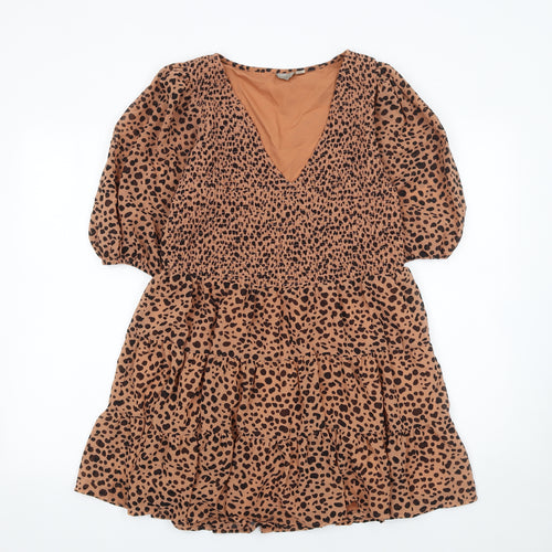 ASOS Women Brown Animal Print V-Neck Puff Sleeve Short Dress UK 10
