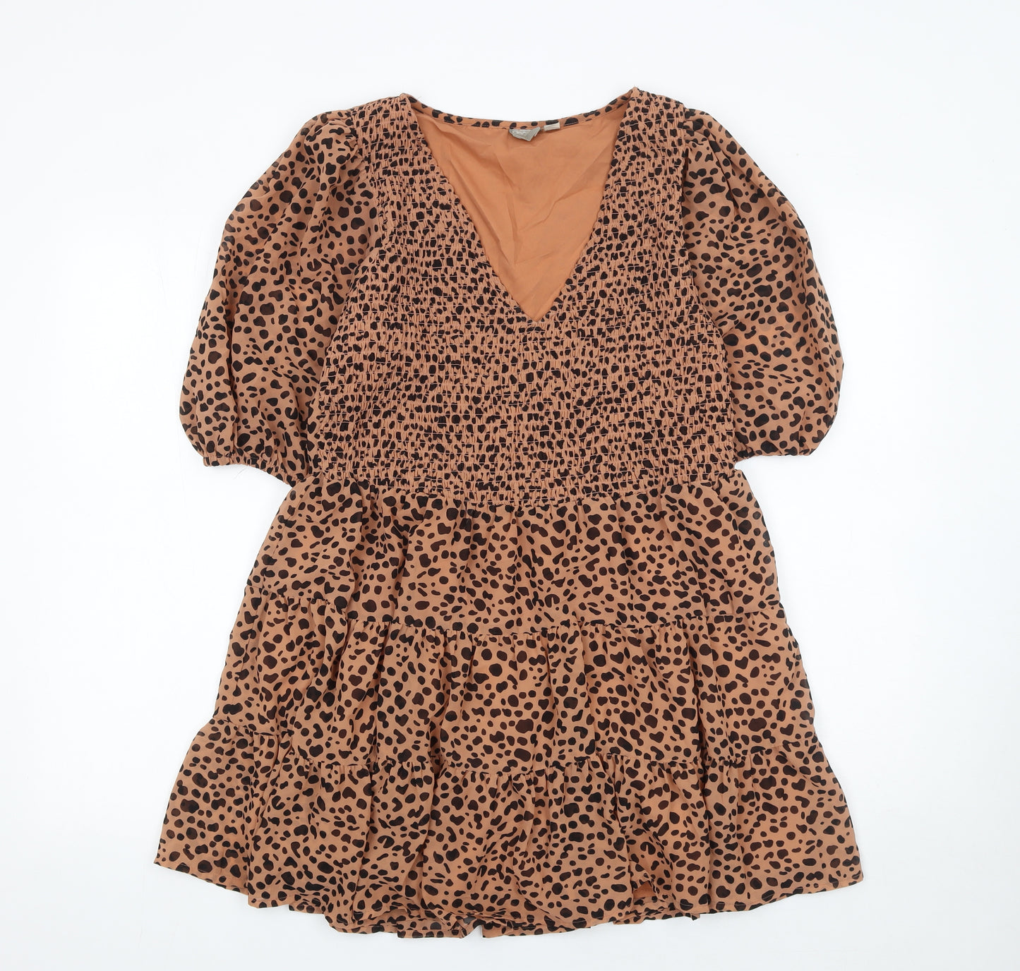 ASOS Women Brown Animal Print V-Neck Puff Sleeve Short Dress UK 10