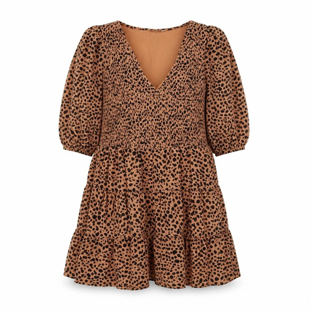 ASOS Women Brown Animal Print V-Neck Puff Sleeve Short Dress UK 10