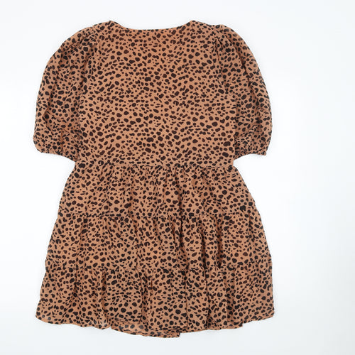 ASOS Women Brown Animal Print V-Neck Puff Sleeve Short Dress UK 10