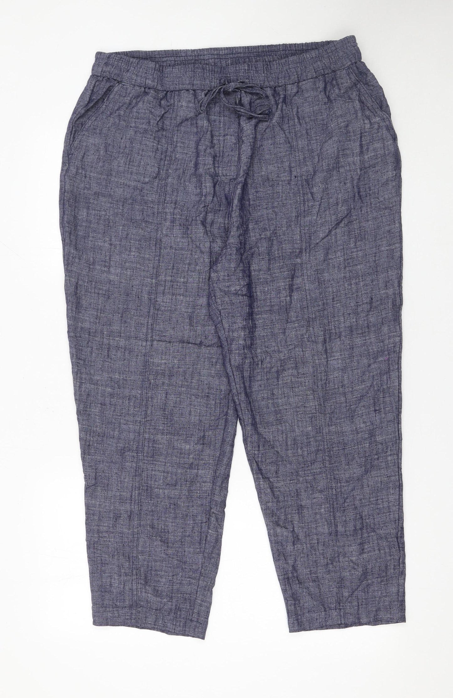 Peacocks Women Blue Cropped Linen Blend Elastic Waist Trousers Size 16