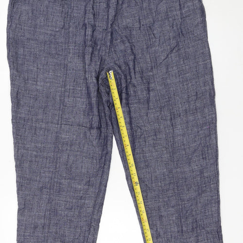 Peacocks Women Blue Cropped Linen Blend Elastic Waist Trousers Size 16