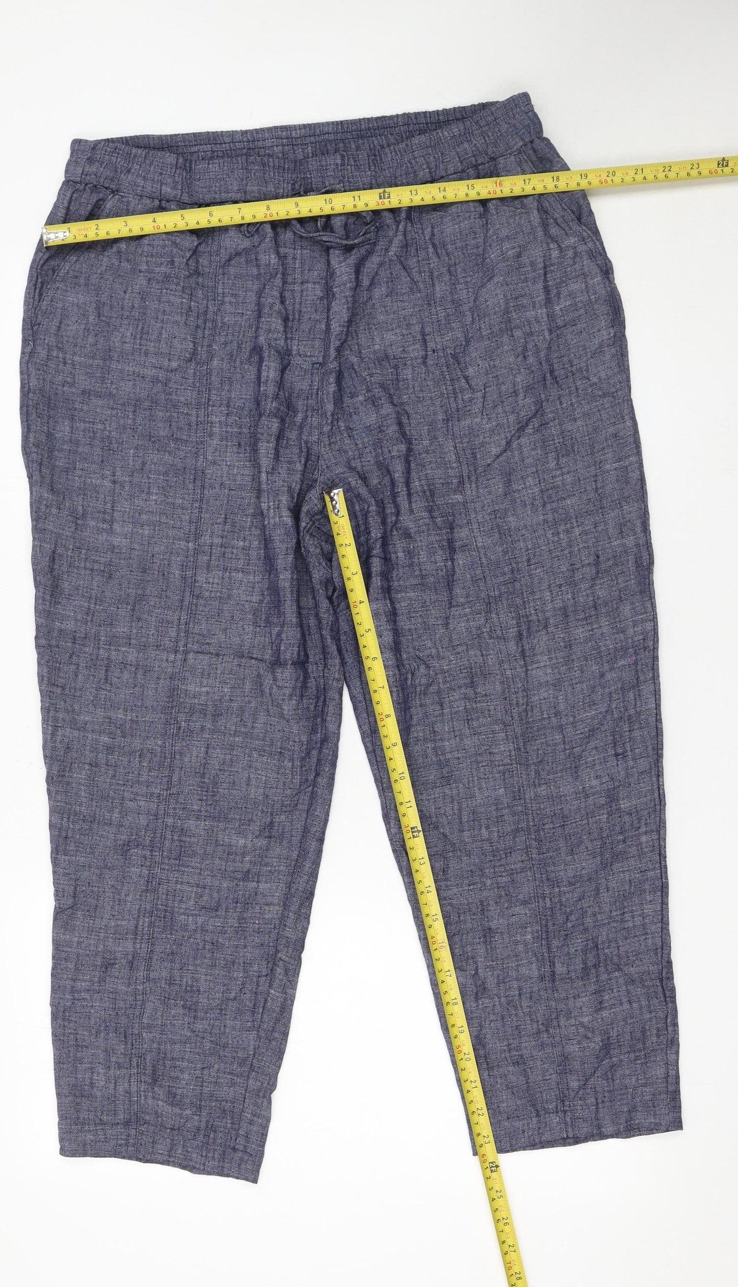 Peacocks Women Blue Cropped Linen Blend Elastic Waist Trousers Size 16