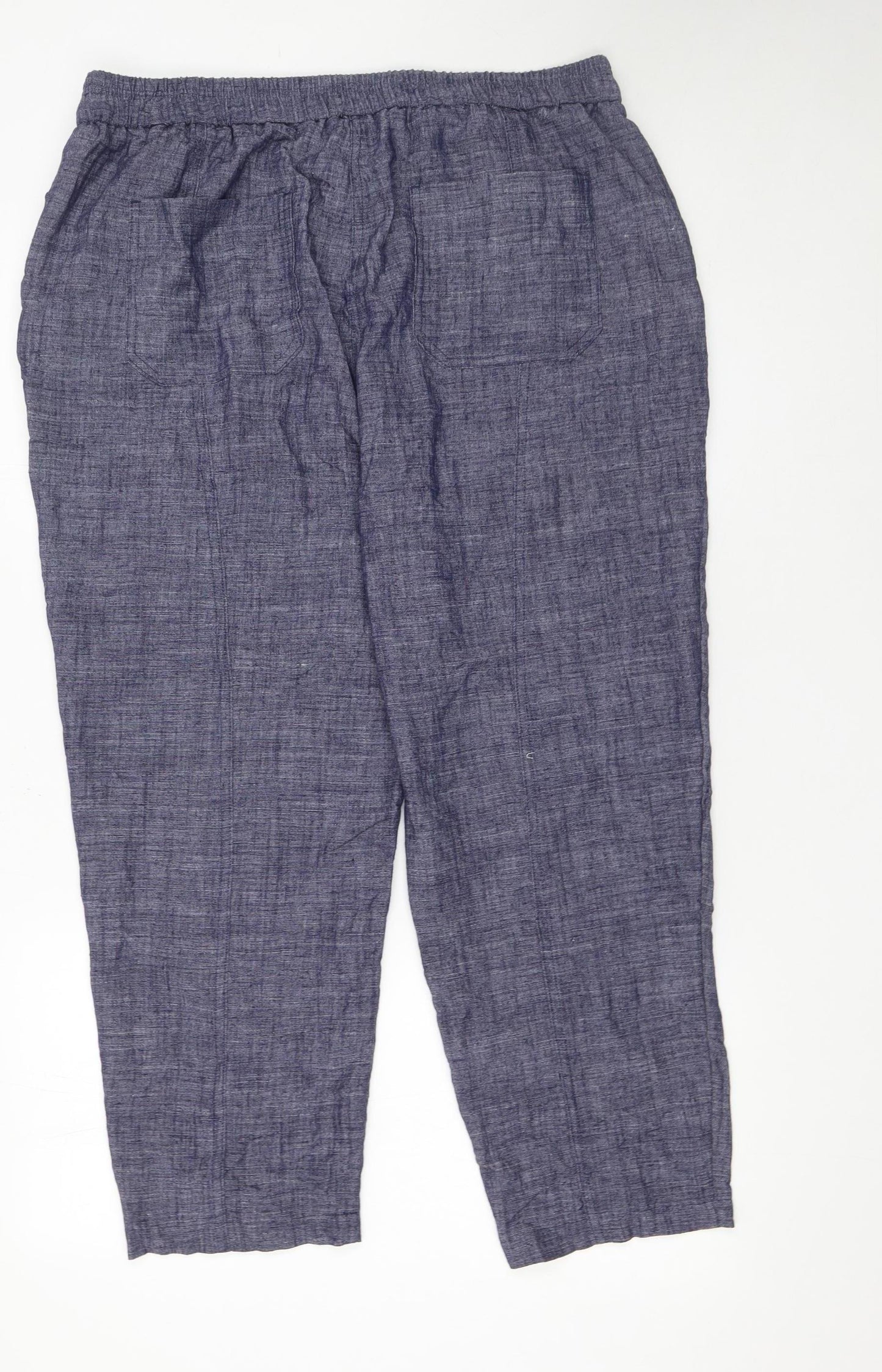 Peacocks Women Blue Cropped Linen Blend Elastic Waist Trousers Size 16