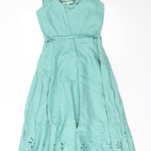 Laura Ashley Women's Green Linen Fit & Flare Knee Dress Size 8