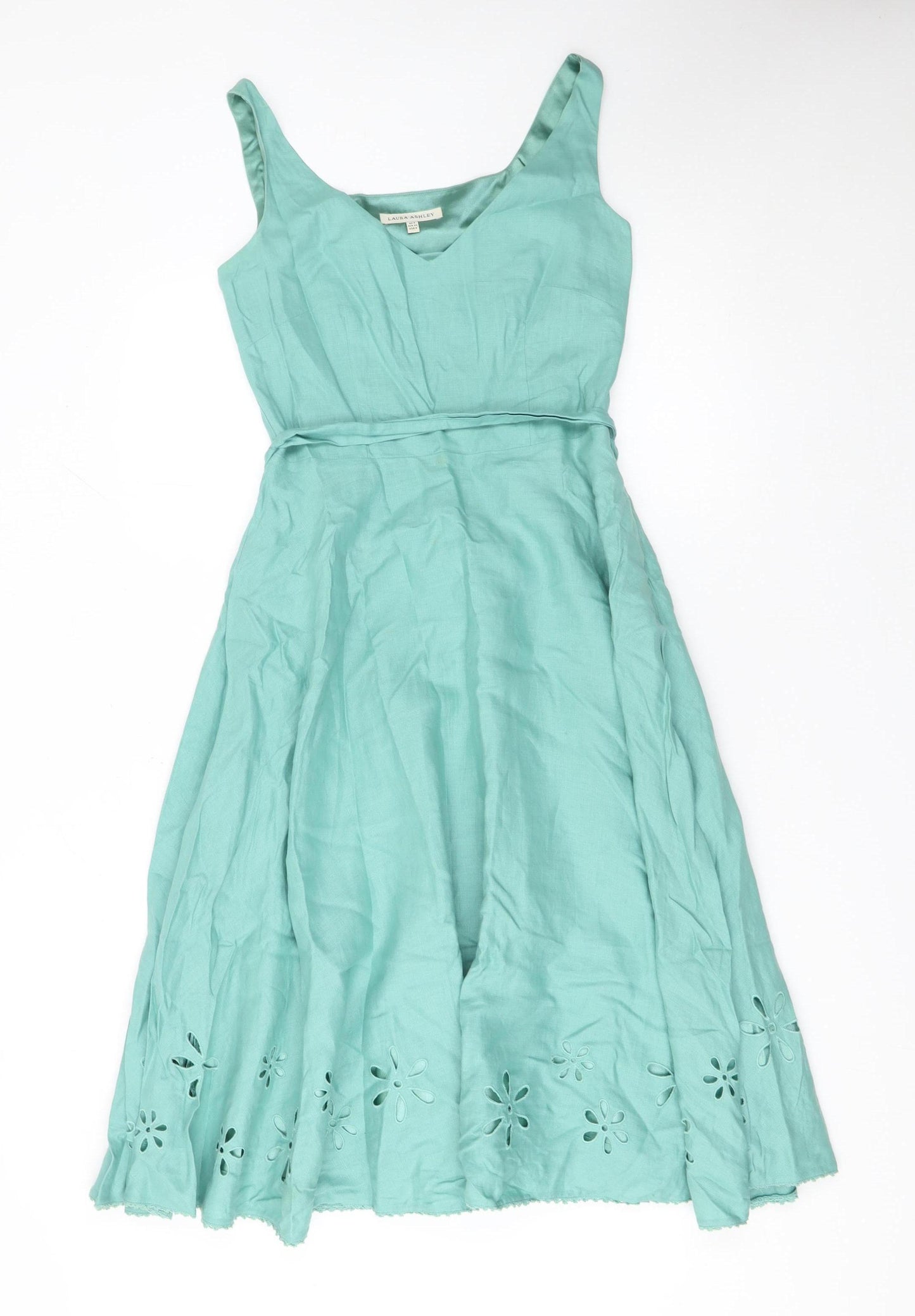 Laura Ashley Women's Green Linen Fit & Flare Knee Dress Size 8