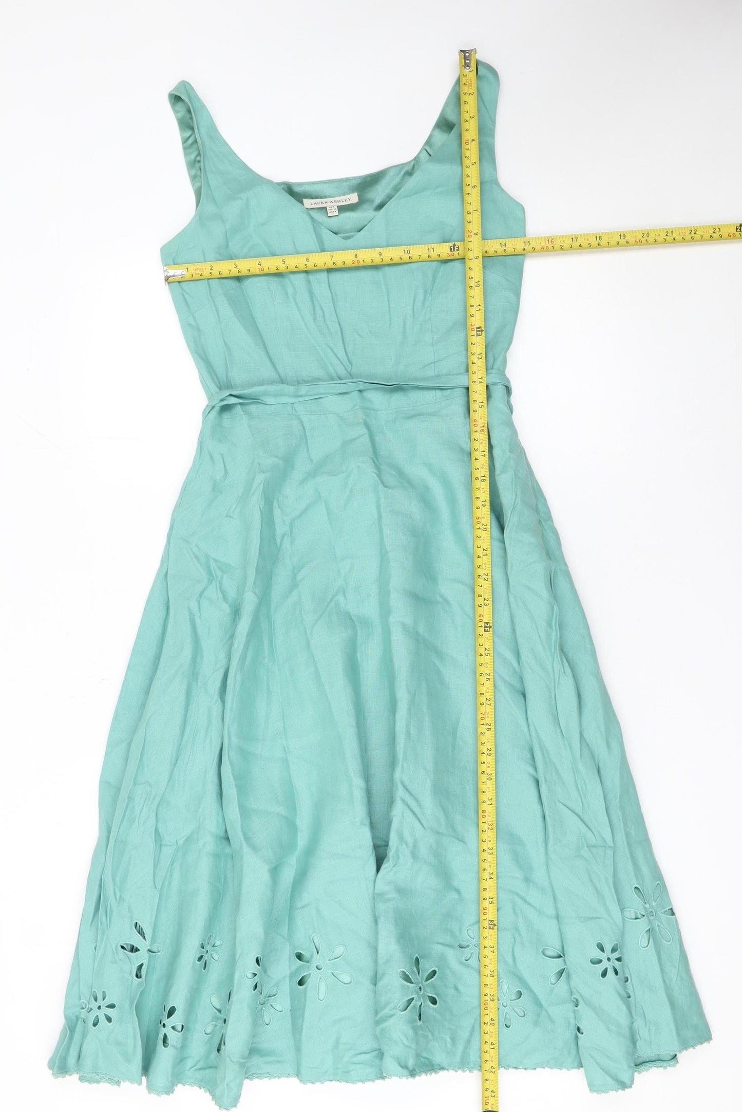 Laura Ashley Women's Green Linen Fit & Flare Knee Dress Size 8