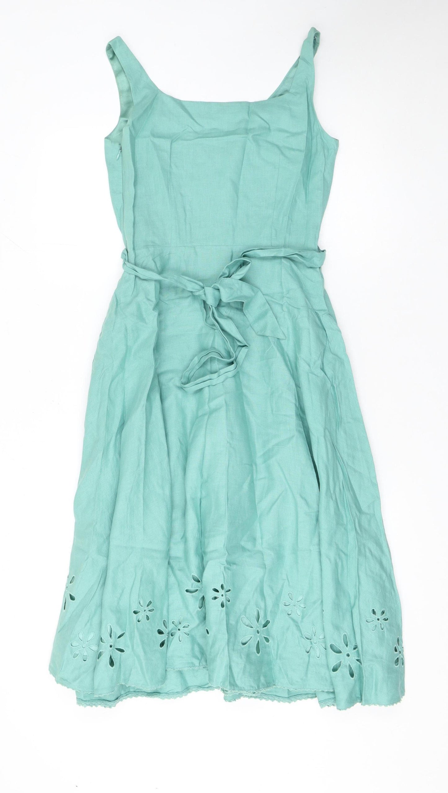 Laura Ashley Women's Green Linen Fit & Flare Knee Dress Size 8