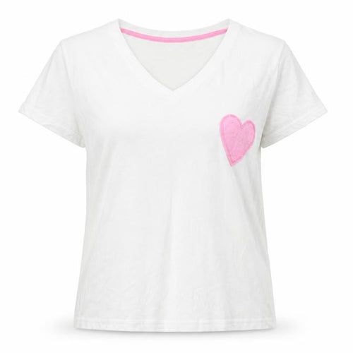 Beloved Women’s White Cotton V-Neck T-Shirt XL with Pink Heart Patch