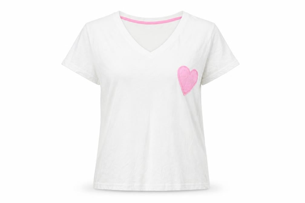 Beloved Women’s White Cotton V-Neck T-Shirt XL with Pink Heart Patch