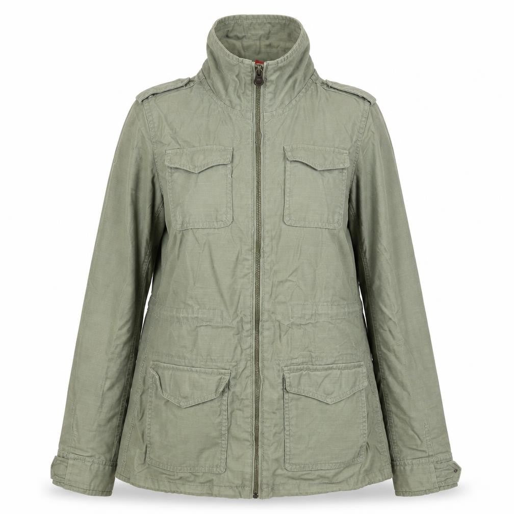 Front view of H&M Women's Green Cotton Military Jacket, size 8, Regular