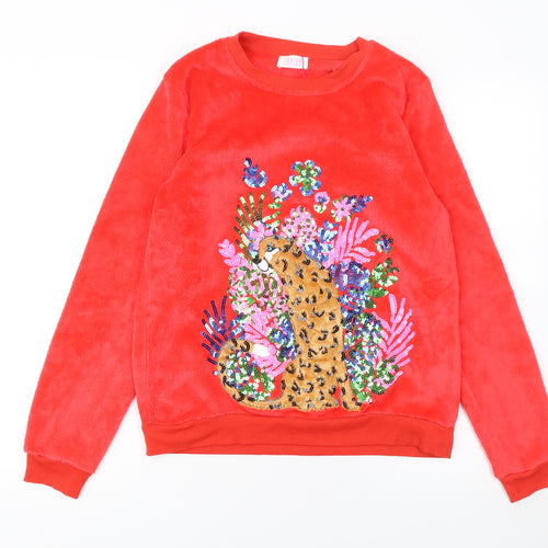 Savida Womens Red Fleece Sequin Animal Top Size 12 Winter