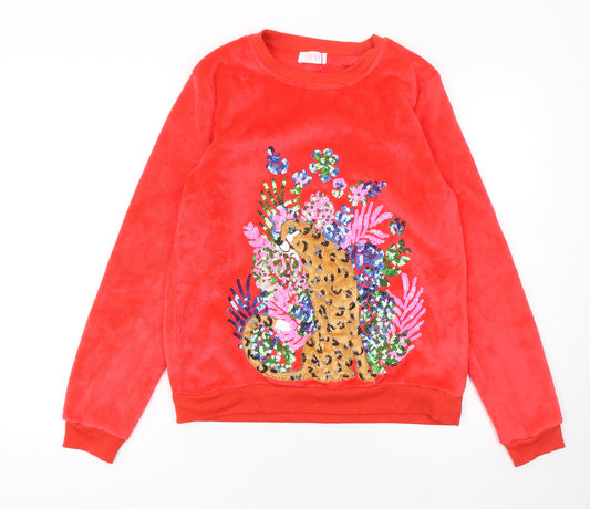 Savida Womens Red Fleece Sequin Animal Top Size 12 Winter