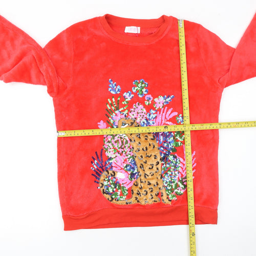 Savida Womens Red Fleece Sequin Animal Top Size 12 Winter
