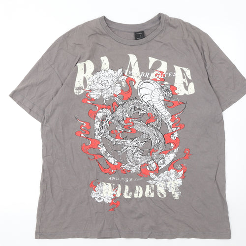 Bershka Men's Grey Dragon Graphic Short Sleeve T-Shirt Size S