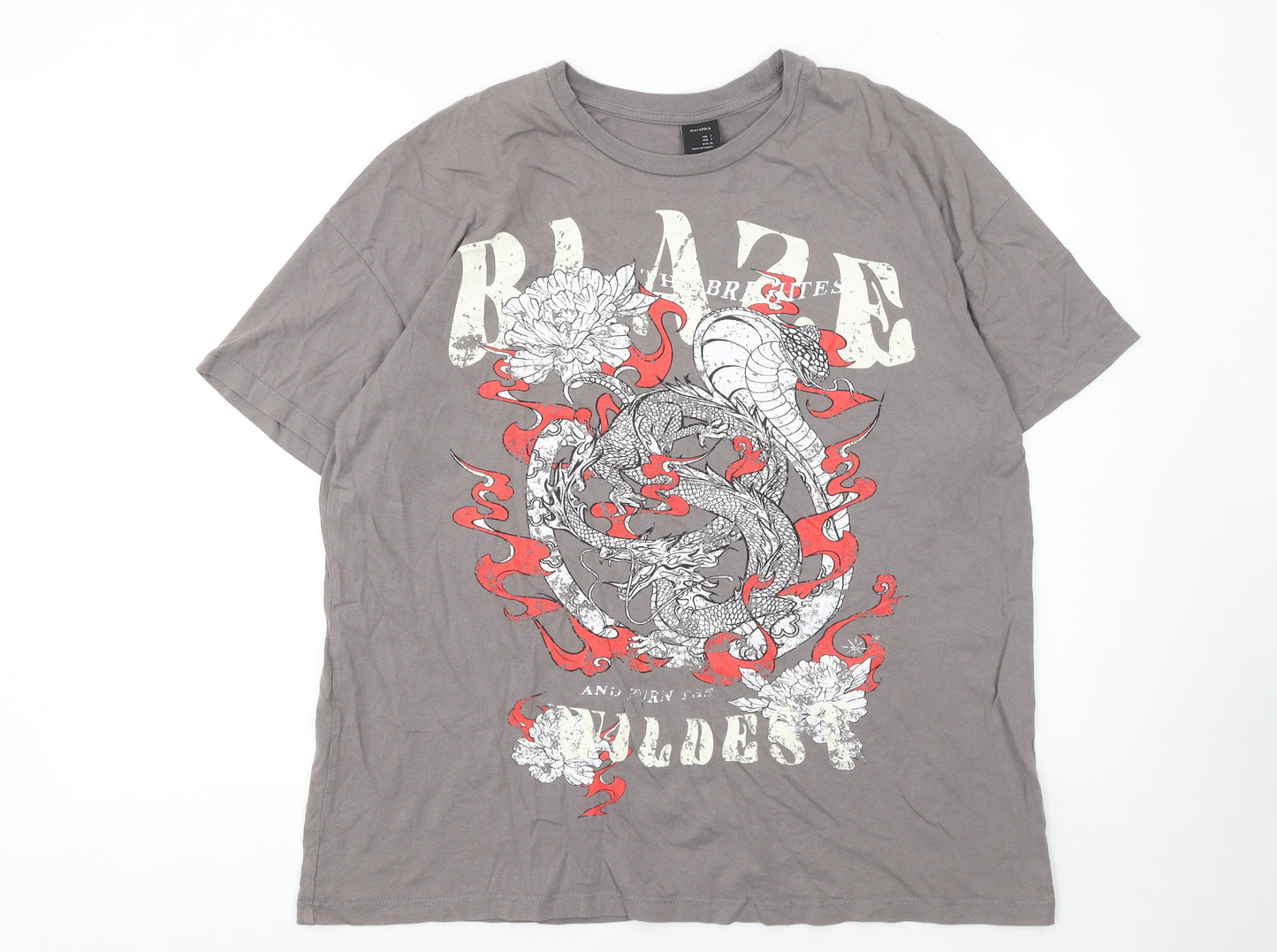 Bershka Men's Grey Dragon Graphic Short Sleeve T-Shirt Size S
