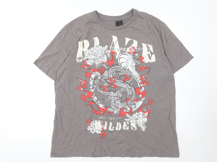 Bershka Men's Grey Dragon Graphic Short Sleeve T-Shirt Size S