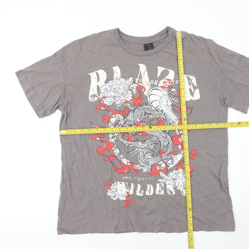 Bershka Men's Grey Dragon Graphic Short Sleeve T-Shirt Size S
