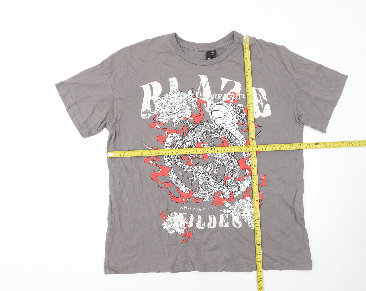 Bershka Men's Grey Dragon Graphic Short Sleeve T-Shirt Size S
