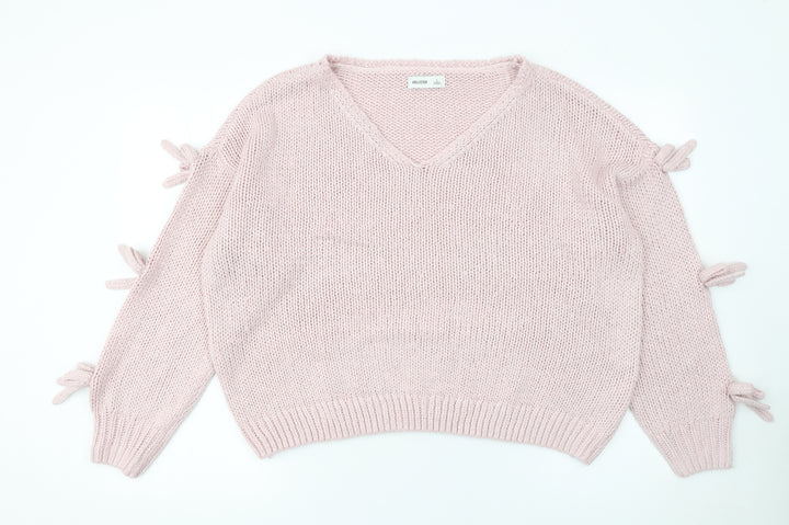 Hollister Women Pink V-Neck Bow Sleeve Knit Jumper Size L
