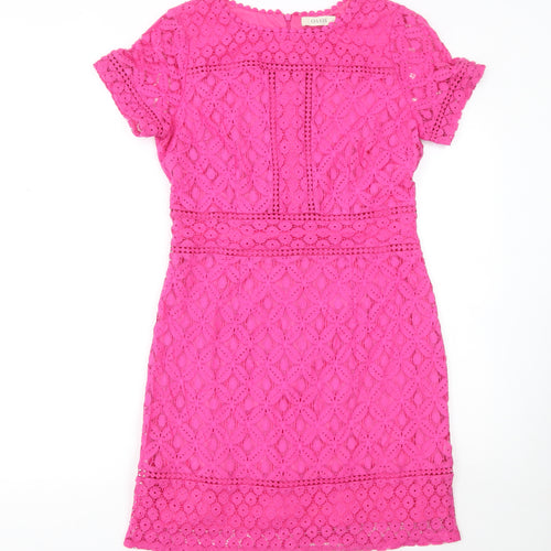 Oasis Women Pink Lace Sheath Dress Size 12 Short Sleeve Knee Length